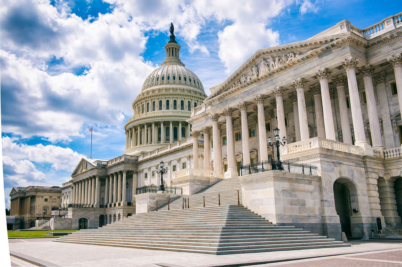 Bright mid-day view of the traditional neoclassical architecture of the Capitol Building’s dome, columns, and steps in Washington DC, USA; Shutterstock ID 1215776563; NP: ECO