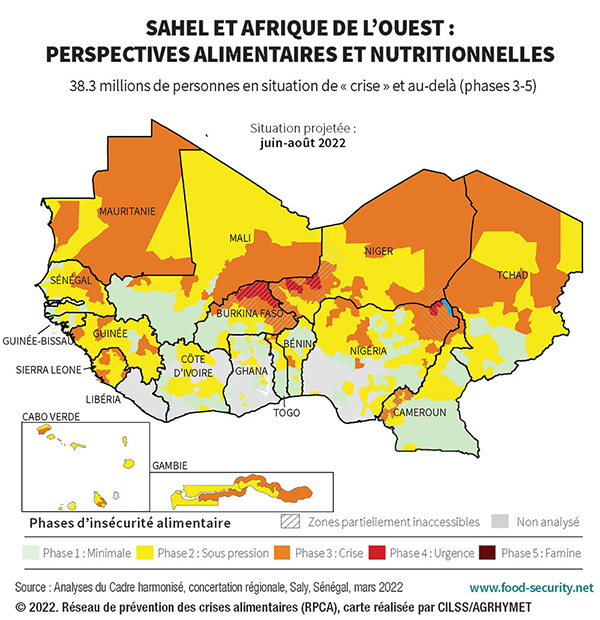 Map of Sahel and West Africa: Food and nutrition outlook Jun-Aug 2022
