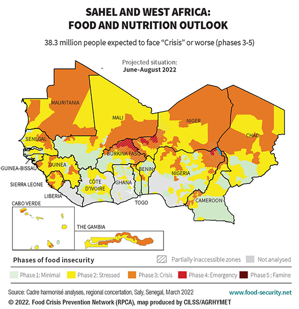 Map of Sahel and West Africa: Food and nutrition outlook Jun-Aug 2022